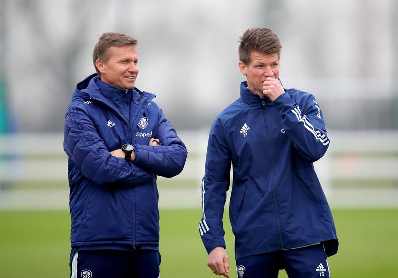 Leeds United manager Jesse Marsch, left, and coach Franz Schiemer during training session. PA
