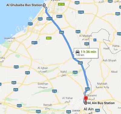 The bus goes from Al Ghubaiba Bus Station to Al Ain Bus Station, with a few stops on the way. Google Maps