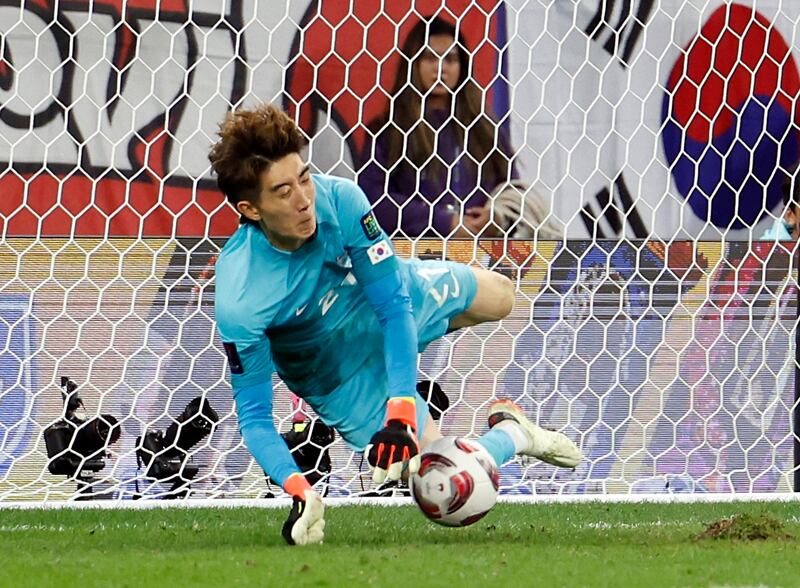 South Korea goalkeeper Jo Hyeon-Woo saves a penalty from Saudi Arabia's Sami Al Naji. Reuters