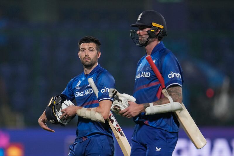 England's Reece Topley and Mark Wood after the 69-run defeat to Afghanistan in Delhi. AP
