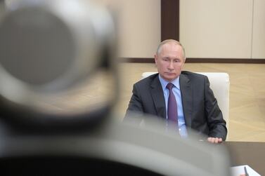 Russian President Vladimir Putin attends a meeting on global energy markets via a video link. Reuters