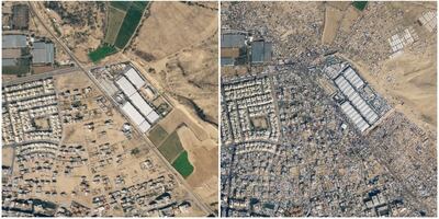 A combination photo shows satellite images of Rafah before and after more than a million displaced Palestinians sought refuge there from Israel's military offensive. Planet Labs PBC via Reuters