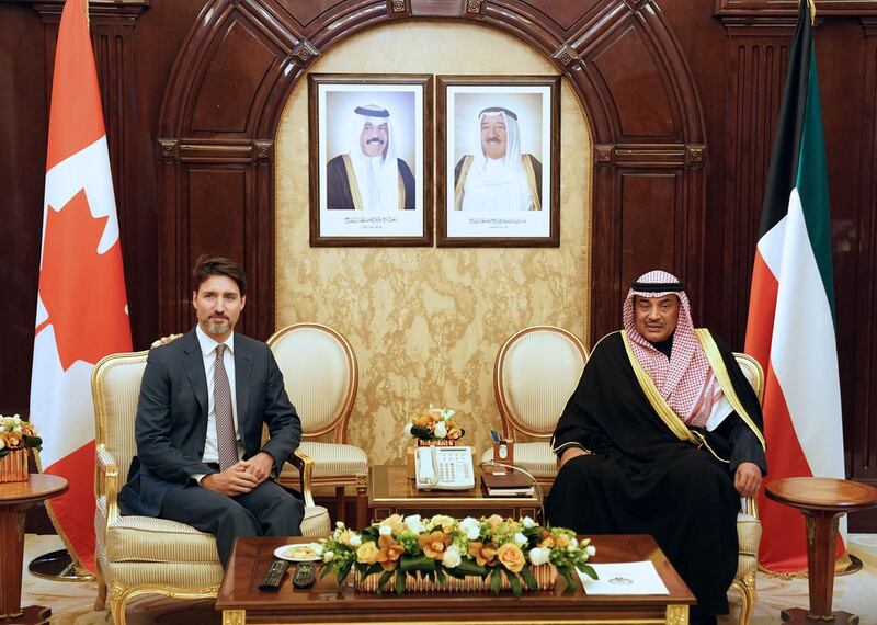 Kuwaiti prime minister Sheikh Sabah Al Khaled Al Sabah meets Canadian Prime Minister Justin Trudeau in Kuwait City.  AFP