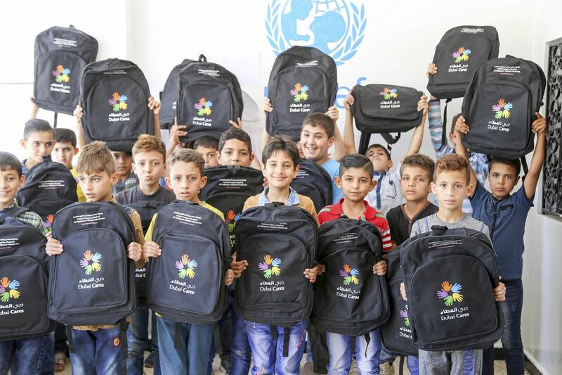 Syrian refugee children in Jordan received the backpacks, which were made by 3,000 UAE volunteers. Dubai Cares