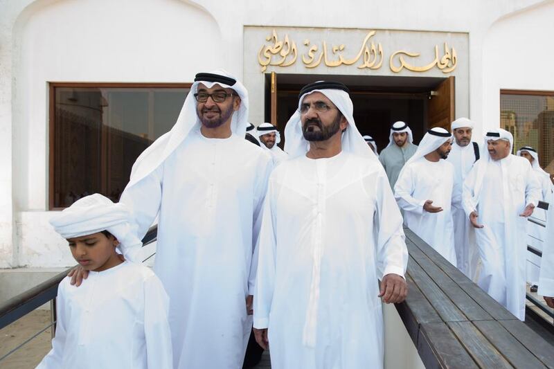 Sheikh Mohammed bin Rashid and Sheikh Mohamed bin Zayed at Qasr Al Hosn, in Abu Dhabi, in February 2014.  Photo: Crown Prince Court - Abu Dhabi