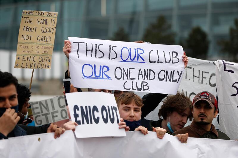 Spurs fans make gtheir feelings clear about the club's attempts to follow through joining a breakaway European Super League. Reuters