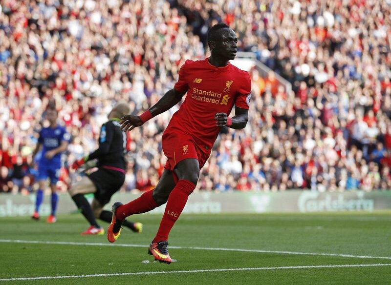 Sadio Made celebrates Liverpool's second goal in a 4-1 win against Leicester City at Anfield on Saturday, September 10, 2016. Lee Smith / Action Images