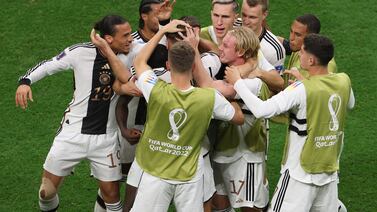 Soccer Football - FIFA World Cup Qatar 2022 - Group E - Spain v Germany - Al Bayt Stadium, Al Khor, Qatar - November 27, 2022 Germany's Niclas Fullkrug celebrates scoring their first goal with teammates REUTERS / Molly Darlington