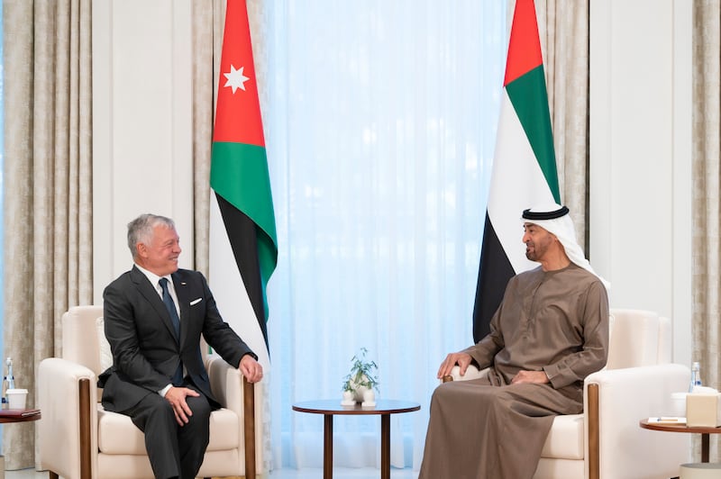 Sheikh Mohamed bin Zayed Al Nahyan, Crown Prince of Abu Dhabi and Deputy Supreme Commander of the Armed Forces, meets King Abdullah of Jordan at Al Shati Palace in Abu Dhabi on Tuesday. All photos: Rashed Al Mansoori / Ministry of Presidential Affairs