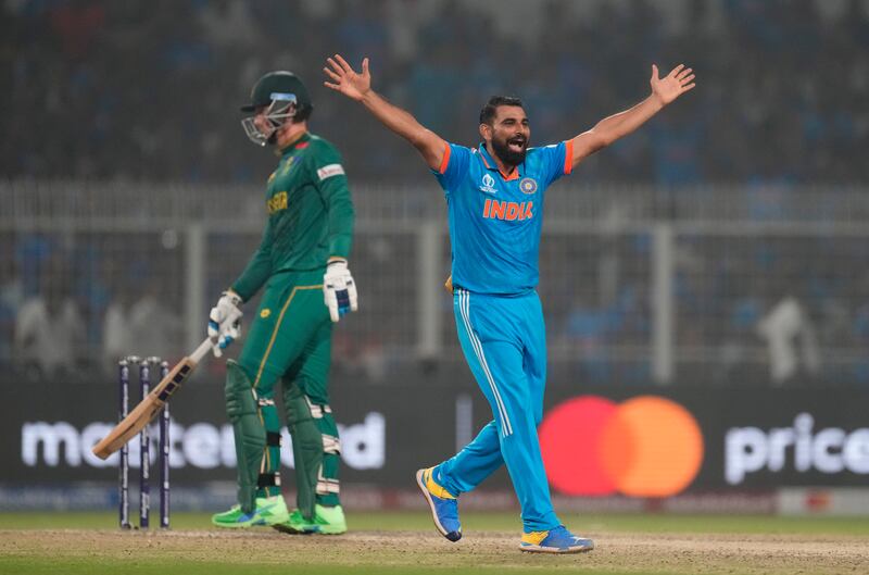 India's Mohammad Shami successfully appeals for the wicket of South Africa's Rassi Van der Dussen. AP