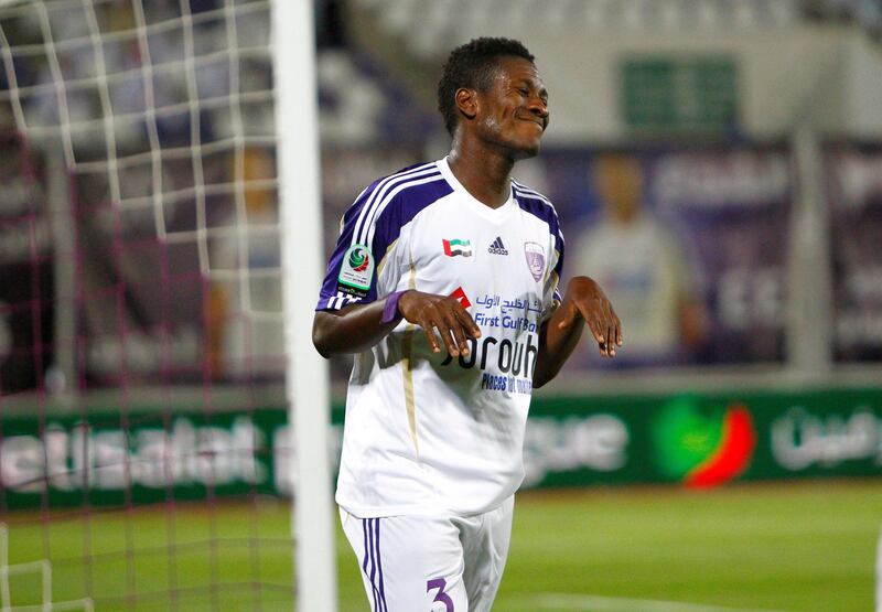 Asamoah Gyan of Al Ain reacts to a missed chance during the Etisalat Pro League match between Dibba Al Fujairah and Al Ain at Khalifa bin Zayed Stadium, Al Ain on the 21st October 2012. Credit: Jake Badger for The National


