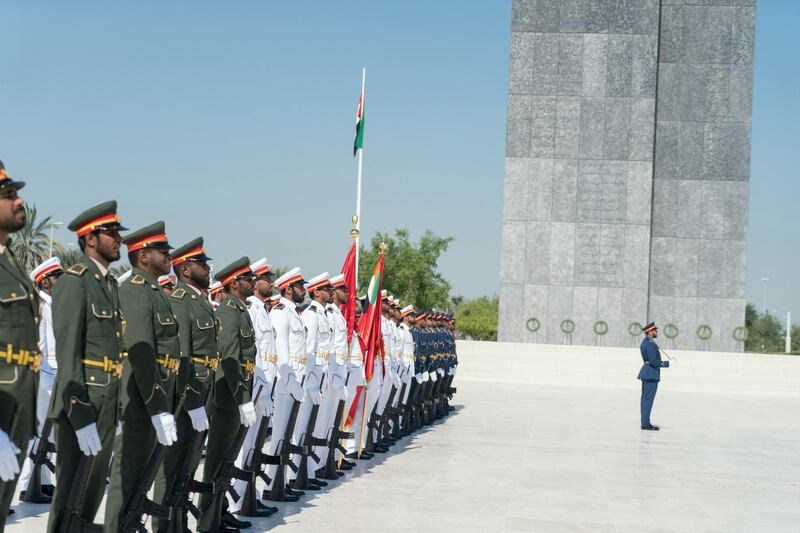 ABU DHABI, UNITED ARAB EMIRATES - November 29, 2018: Members of the UAE Armed Forces participate in a Commemoration Day ceremony at Wahat Al Karama, a memorial dedicated to the memory of UAE’s National Heroes in honour of their sacrifice and in recognition of their heroism.

( Rashed Al Mansoori / Ministry of Presidential Affairs )
---