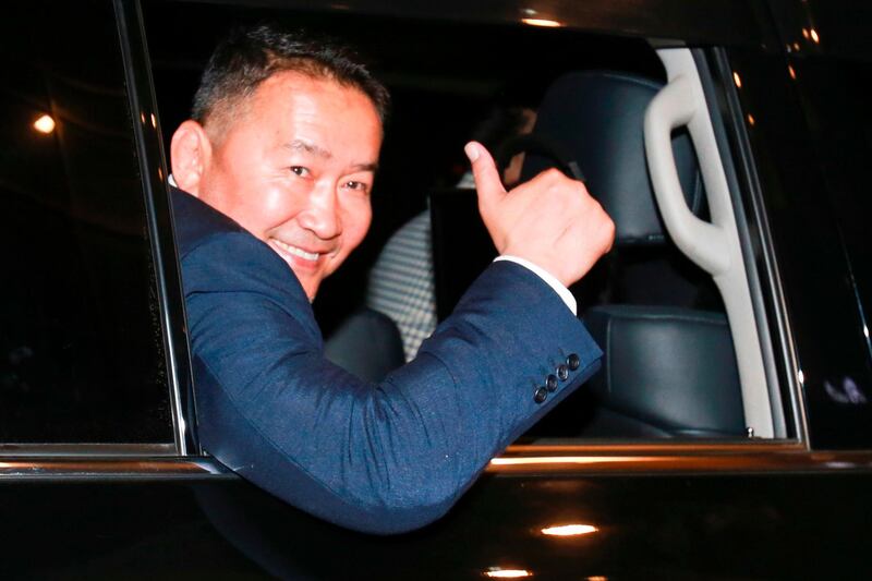 Khaltmaa Battulga, from the main opposition Democratic Party (DP), gives a thumbs up to the crowd after winning the presidential election in Ulan Bator on July 8, 2017. Byambasuren Byamba-Ochir / AFP