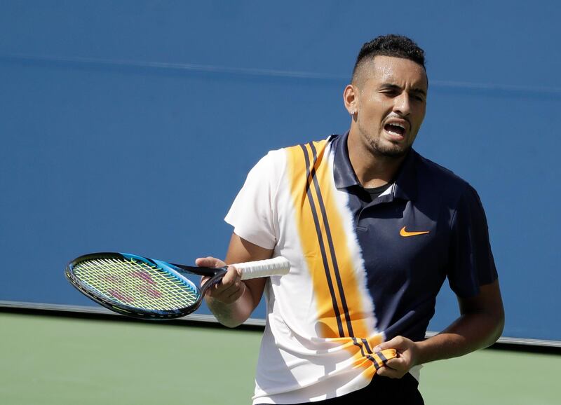 Nick Kyrgios, of Australia, talks to himself during a match 180against Pierre-Hugues Herbert, of France, during the second round of the U.S. Open tennis tournament, Thursday, Aug. 30, 2018, in New York. (AP Photo/Seth Wenig)