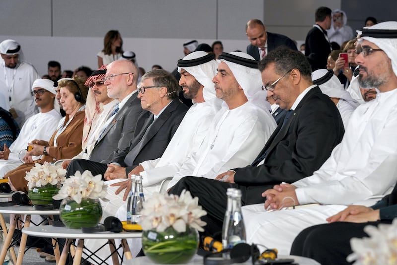 SAADIYAT ISLAND, ABU DHABI, UNITED ARAB EMIRATES - November 19, 2019: HH Major General Sheikh Khaled bin Mohamed bin Zayed Al Nahyan, Deputy National Security Adviser, member of the Abu Dhabi Executive Council and Chairman of Abu Dhabi Executive Office (R), Dr Tedros Adhanom Ghebreyesus, Director-General of World Health Organization (WHO)(2nd R), HH Lt General Sheikh Saif bin Zayed Al Nahyan, UAE Deputy Prime Minister and Minister of Interior (3rd R), HH Sheikh Mohamed bin Zayed Al Nahyan, Crown Prince of Abu Dhabi and Deputy Supreme Commander of the UAE Armed Forces (4th R), Bill Gates, Co-chair and Trustee of Bill & Melinda Gates Foundation (5th R) and HRH Prince Alwaleed bin Talal bin Abdulaziz Al Saud, Chairman of the Kingdom Holding Company (7th R), attend the Reaching the Last Mile Forum, at Louvre Abu Dhabi.

( Hamad Al Mansoori / for the Ministry of Presidential Affairs )
---