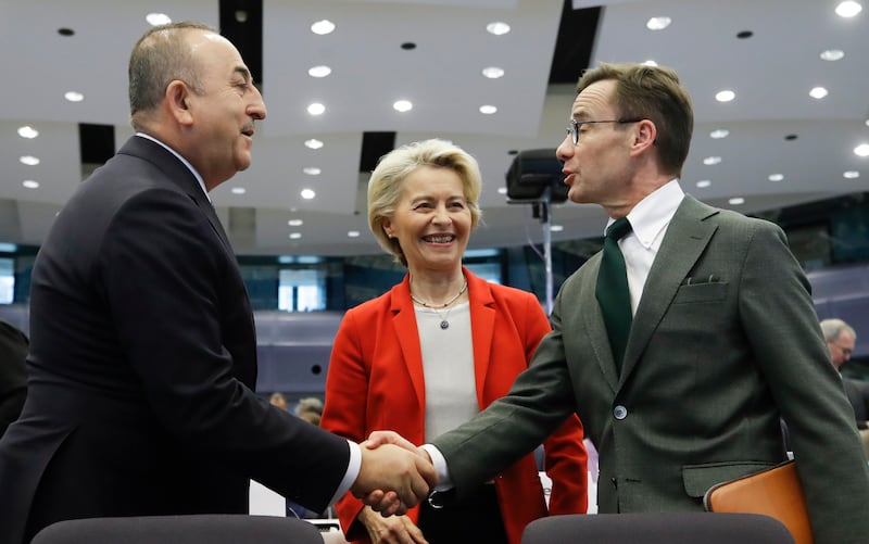 From left, Turkish Foreign Minister Mevlut Cavusoglu, European Commission President Ursula von der Leyen and Swedish Prime Minister Ulf Kristersson at an international donors' conference in Belgium for Turkish and Syrian victims of this year's earthquakes, on March 20. EPA
