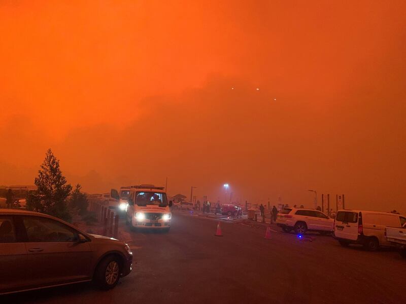 The sky glows red as bushfires continue to rage in Mallacoota, Victoria, Australia. Reuters