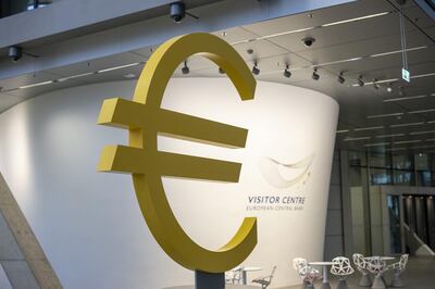 A euro currency symbol sits on display in the visitor centre at the European Central Bank (ECB) building in Frankfurt, Germany, on Monday, Nov. 4, 2019.  The ECB started a new era on Friday when Christine Lagarde became the institution's first female president -- and for now its sole female policy maker. Photographer: Alex Kraus/Bloomberg