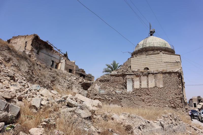 Al Masfi Mosque, Mosul’s oldest, opened its doors to the public on March 7, nearly a decade since ISIS took over Iraq’s second city. It is pictured here in ruins in June 2021. Photo: Guilde Europeenne du Raid