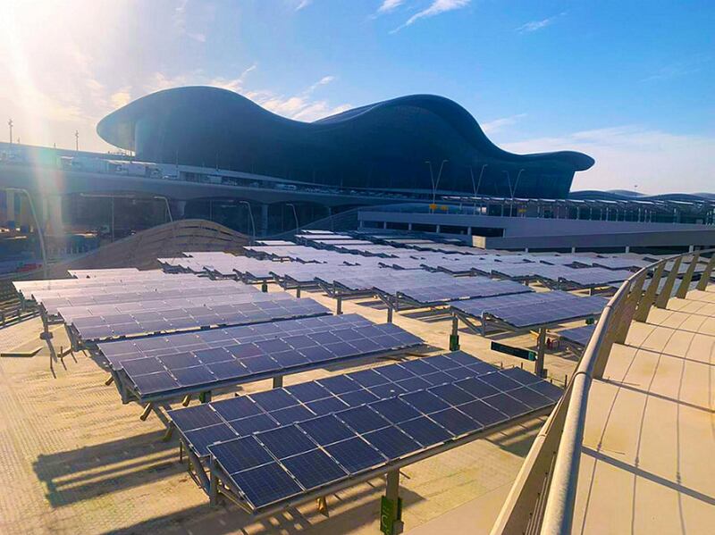 Solar-powered car park in Abu Dhabi at Abu Dhabi International Airport. Courtesy Masdar and Abu Dhabi Airports