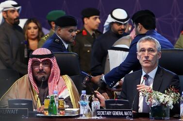 Chairman of Kuwait's national security apparatus (NSA) Sheikh Thamer al-Sabah (L) and NATO Secretary General Jens Stoltenberg attend the NAC-ICI meeting to celebrate the 15th anniversary of the Istanbul cooperation initiative in Kuwait City on December 16, 2019. Stoltenberg said today the powerful western military alliance was facing the most "complex security" environment in its history amid rising tensions between member states. The statement comes after a summit in London early December marking the North Atlantic Treaty Alliance's 70th anniversary exposed sharp divisions between leaders of its member states. "We were just in London marking the 70th anniversary of our NATO alliance," said Stoltenberg in Kuwait to mark 15 years of the Istanbul Cooperation Initiative (ICI) -- launched by NATO to boost security links with the Middle East. / AFP / YASSER AL-ZAYYAT