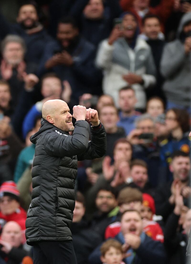 Manchester United manager Erik ten Hag celebrates after the match. Reuters