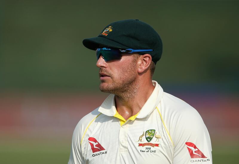 ABU DHABI, UNITED ARAB EMIRATES - OCTOBER 18:  Aaron Finch of Australia looks on  during day three of the Second Test match between Australia and Pakistan at Sheikh Zayed stadium on October 18, 2018 in Abu Dhabi, United Arab Emirates.  (Photo by Francois Nel/Getty Images)