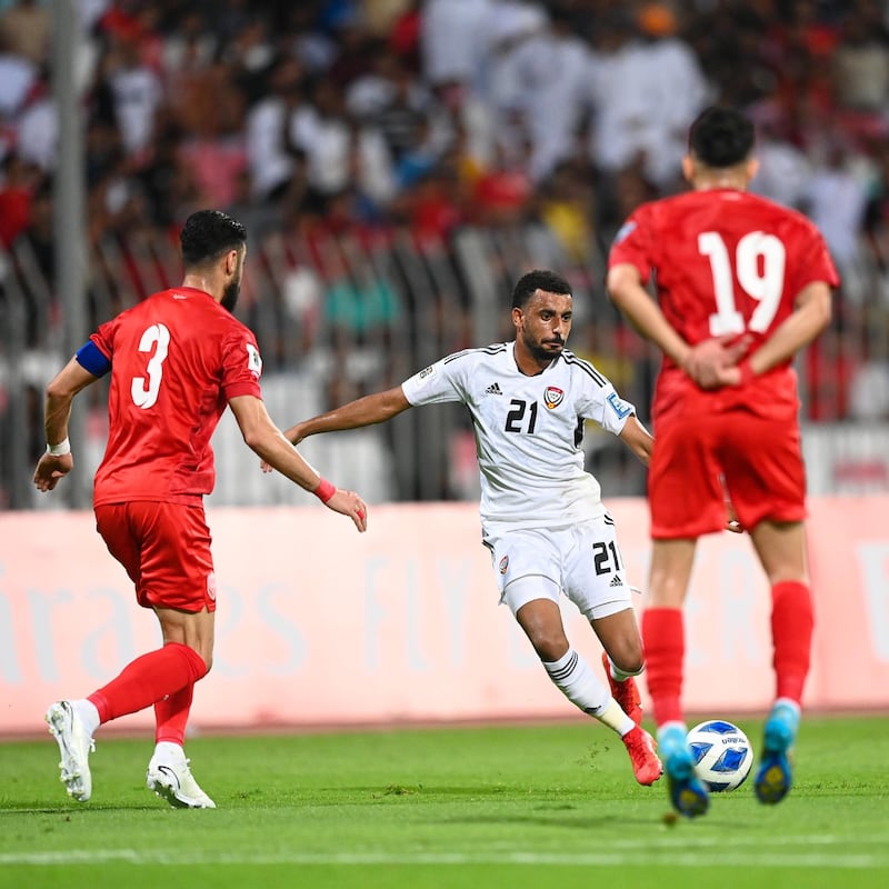 UAE's Harib Abdalla takes a shot on against Bahrain. Photo: UAE FA