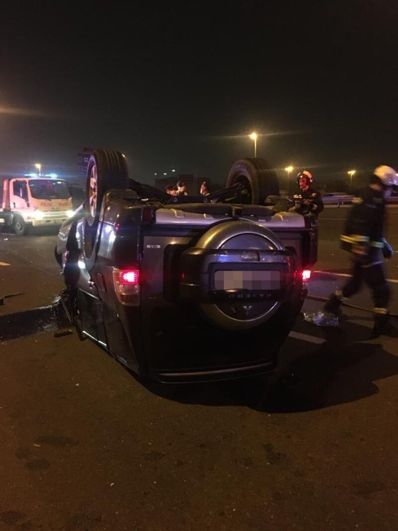 The driver of a Lexus car was badly injured after he rammed into a lorry on Sheikh Mohammed bin Zayed road on Saturday. Courtesy: Dubai Police