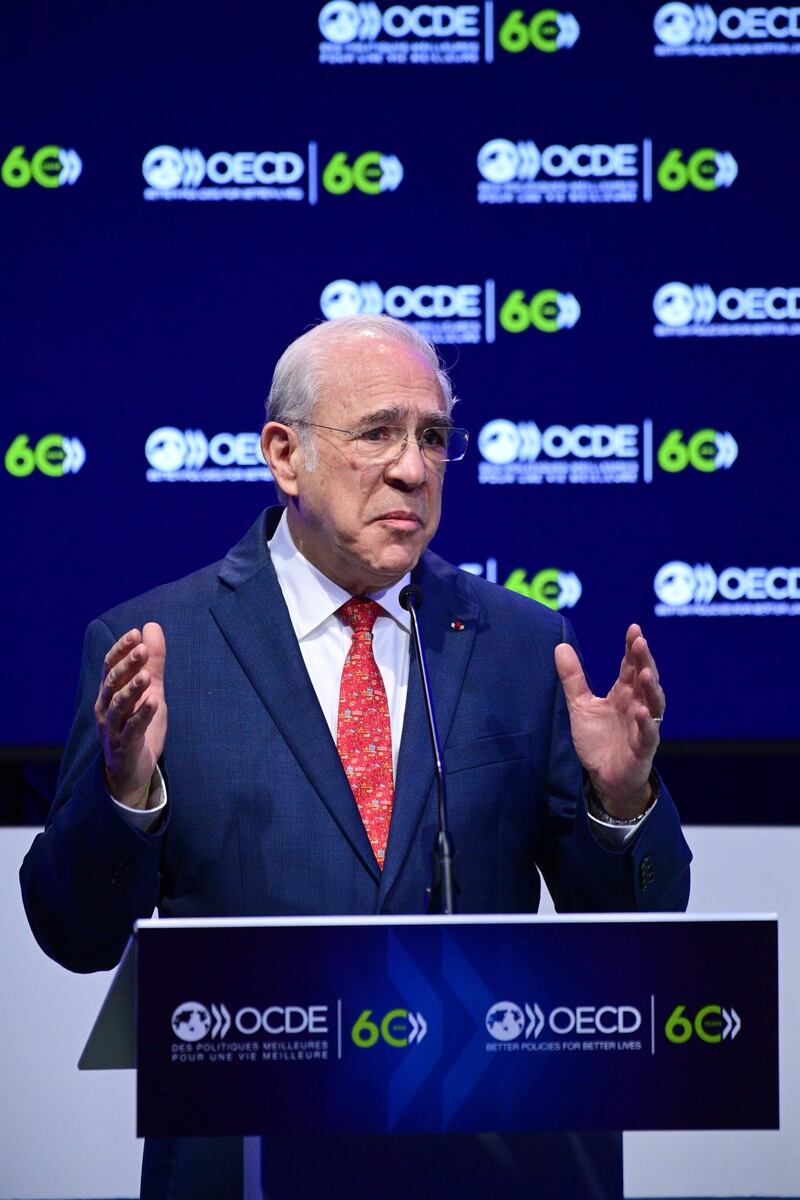 OECD's Secretary General Angel Gurria speaks during a ceremony marking the 60th anniversary of the creation of the Organisation for Economic Co-operation and Development (OECD), at its headquarters in Paris on December 14, 2020.  / AFP / MARTIN BUREAU
