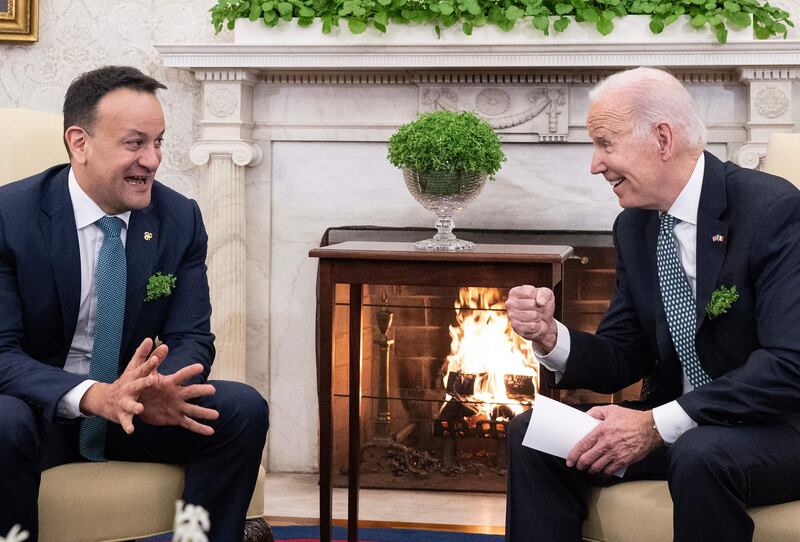 US President Joe Biden meets Irish Taoiseach Leo Varadkar on St Patrick's Day in the Oval Office of the White House. AFP