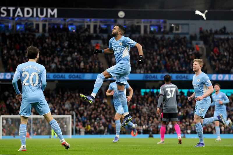 City's Riyad Mahrez celebrates after scoring. AP