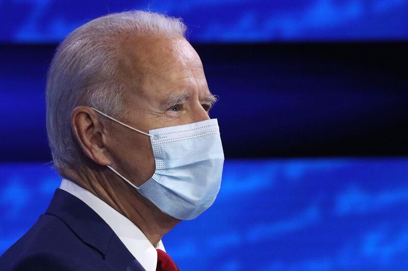 PHILADELPHIA, PENNSYLVANIA - OCTOBER 15: Democratic presidential nominee Joe Biden prepares for a live ABC News town hall format meeting at the National Constitution Center October 15, 2020 in Philadelphia, Pennsylvania. The second presidential debate was originally scheduled for this day but was cancelled due to President Donald Trump's refusal to participate in a 'virtual' debate. Trump had tested positive for the coronavirus and was hospitalized for three days.   Chip Somodevilla/Getty Images/AFP
== FOR NEWSPAPERS, INTERNET, TELCOS & TELEVISION USE ONLY ==
