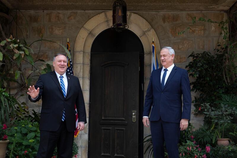US Secretary of State Mike Pompeo meets Israeli Blue and White party leader Benny Gantz in Jerusalem, May 13.  EPA