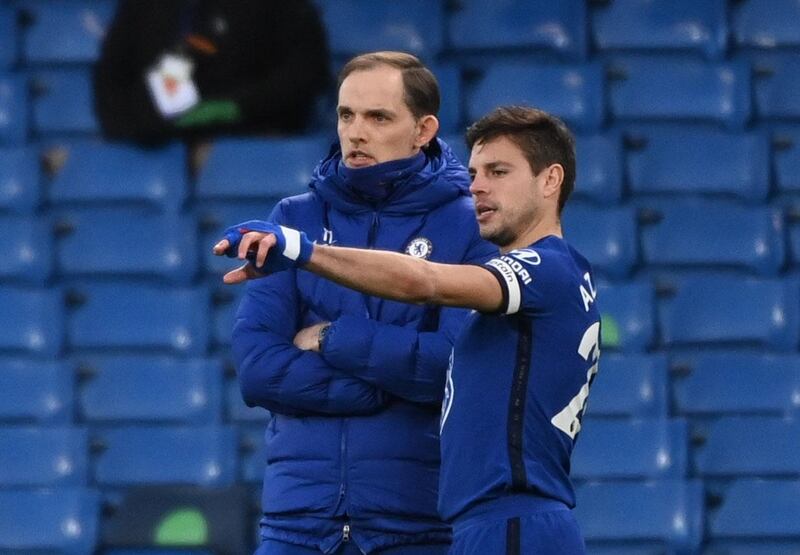 Soccer Football - Premier League - Chelsea v Manchester United - Stamford Bridge, London, Britain - February 28, 2021 Chelsea's Cesar Azpilicueta speaks with manager Thomas Tuchel Pool via REUTERS/Andy Rain EDITORIAL USE ONLY. No use with unauthorized audio, video, data, fixture lists, club/league logos or 'live' services. Online in-match use limited to 75 images, no video emulation. No use in betting, games or single club /league/player publications.  Please contact your account representative for further details.