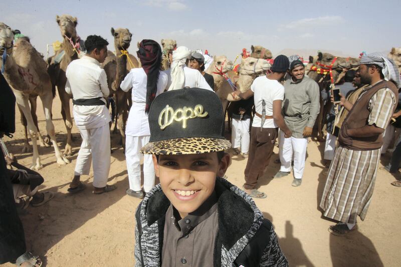 Jordanians race their camels in front of  Emirati Sheikh Sultan Bin Hamdan Bin Zayed Al Nahyan, President of the Arab Camel Racing Federation and with the presence of Prince Asem Bin Nayef, Vice President of the Jordan Royal Equestrian Federation, during the annual camel race in its second and final day on Friday November 3, 2017 that takes place at the Sheikh Zayed al Nahyan track in Wadi Rum, Jordan. (Salah Malkawi for The National)