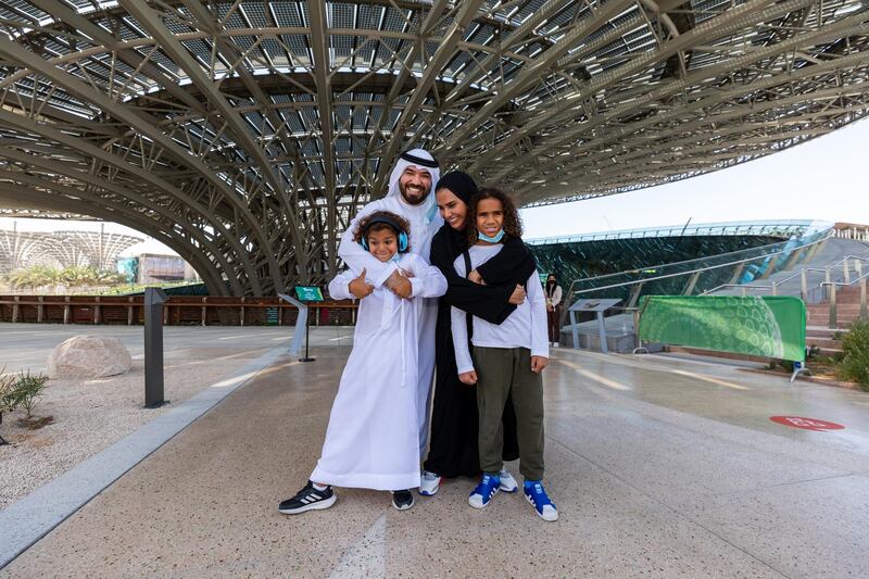 DUBAI, APRIL 01 2021: Khalid Al Ameri and his family experiencing a low sensory tour of Terra - The Sustainability Pavilion Expo 2020 Dubai. (Photo by Suneesh Sudhakaran/Expo 2020)