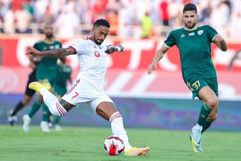 Caio Lucas opens the scoring for Sharjah in their 3-0 win over Khor Fakkan in the Adnoc Pro League at the Sharjah Stadium. PLC