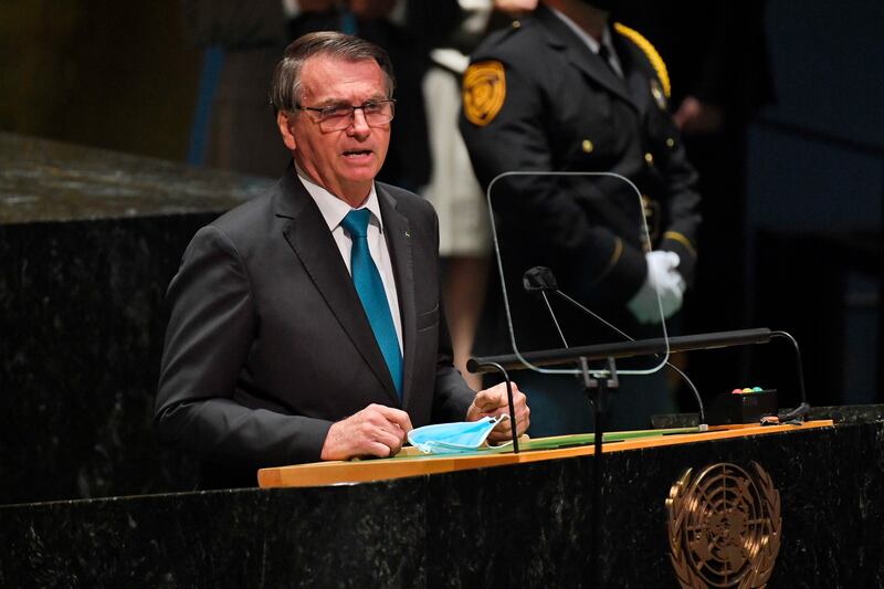 Brazil's President Jair Bolsonaro speaks to world leaders. AP Photo