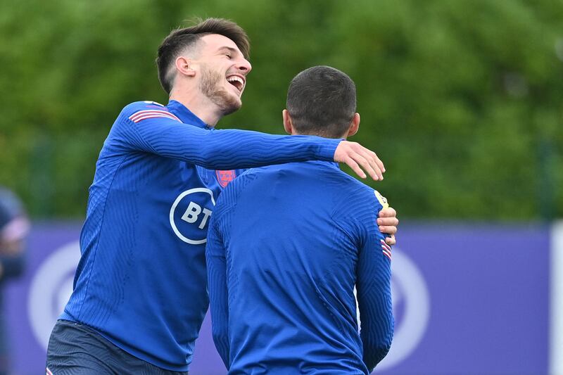 England's defender Conor Coady and Declan Rice during training for their World Cup 2022 qualifying match against Andorra. AFP