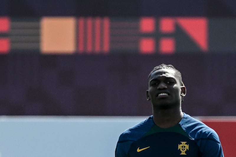 Portugal forward Rafael Leao takes part in a training session. AFP