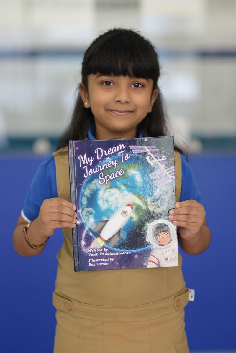 Vaishika Satheshwaran, a six-year-old pupil at The Pearl Academy in Abu Dhabi, who has had her first-ever book published. Courtesy: The Pearl Academy