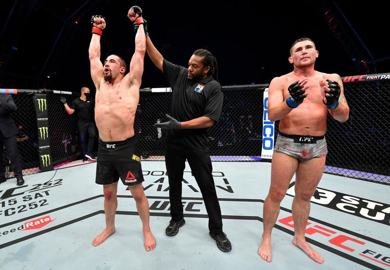 Robert Whittaker celebrates his victory over Darren Till  in their middleweight contest during the UFC Fight Night 3 on Yas Island, Abu Dhabi. Getty