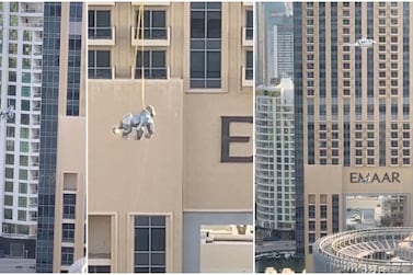 Dubai Marina resident Chloe Hilton shared footage of a giant silver gorilla statue being flown by helicopter on Sunday morning. Courtesy Chloe Hilton