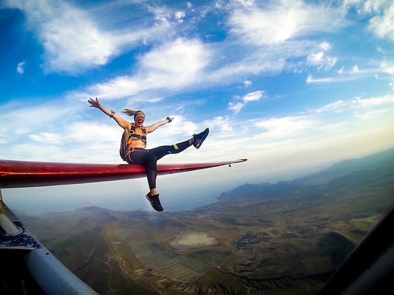 Her favourite jump to date involved her climbing on to and sitting on the wing of a glider