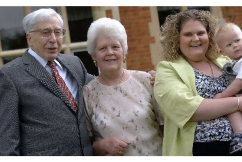 Robert Edwards, left, the British scientist who developed IVF and the founder of Bourn Hall, with Louise Brown, second right, who was the world's first IVF baby, with her son Cameron and her mother Lesley Brown. Bourn Hall plans to open IVF clinics across the region. AFP