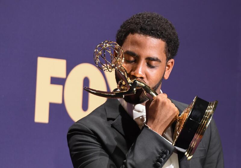 US actor Jharrel Jerome poses with the Emmy for Outstanding Lead Actor in a Limited Series or Movie award for 'When They See Us'. AFP