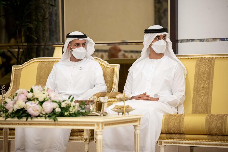 FUJAIRIAH, UNITED ARAB EMIRATES - May 15, 2021: HH Sheikh Hamdan bin Mohamed bin Zayed Al Nahyan (R) and HH Sheikh Mohamed bin Hamad bin Tahnoon Al Nahyan (L), exchange Eid greetings with HH Sheikh Hamad bin Mohamed Al Sharqi, UAE Supreme Council Member and Ruler of Fujairah (not shown). 

( Rashed Al Mansoori / Ministry of Presidential Affairs )
---