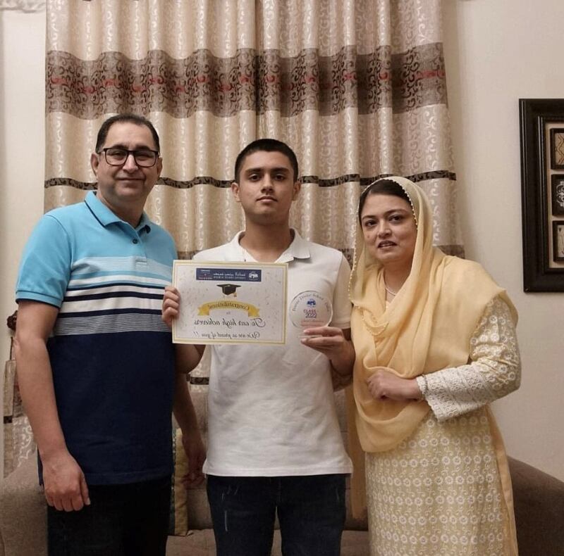 Muneeb Alvi, a pupil at Pristine Private School Dubai who received three A*, with his parents Hina Nihal and Nihal Alvi
Courtesy:  Muneeb Alvi 
