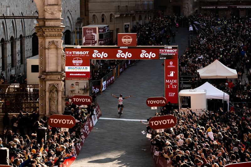Tadej Pogacar wins the Strade Bianche in Siena, Italy. AP